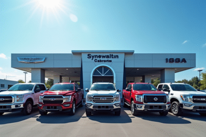 Ligne de pickups d'occasion fiables devant un concessionnaire