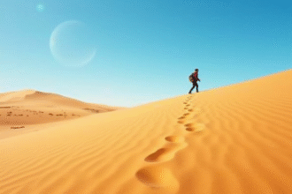 Voyageur seul marchant dans les dunes dorées du Gobi